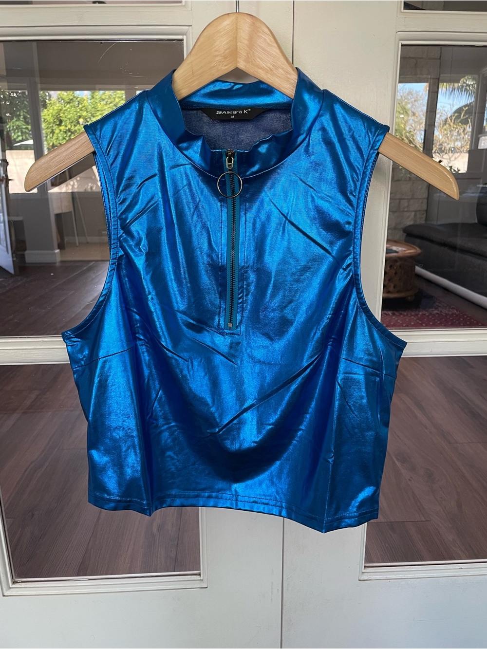 Allegra K Shiny Electric Blue Sleeveless Zip Mock Neck Tank